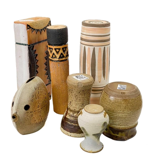 516 - A collection of studio pottery. To include; Two Kolonyama pottery vases, one cylindrical, height 24c... 