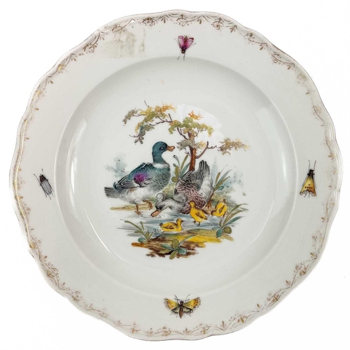 527 - A Meissen porcelain plate. 18th century, with ozier moulded border and floral painted decoration, pa... 