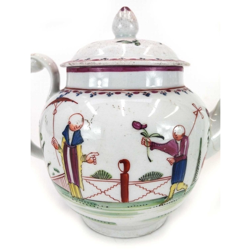 534 - A New Hall hard paste porcelain globular teapot and cover. Polychrome painted with Chinese style fig... 