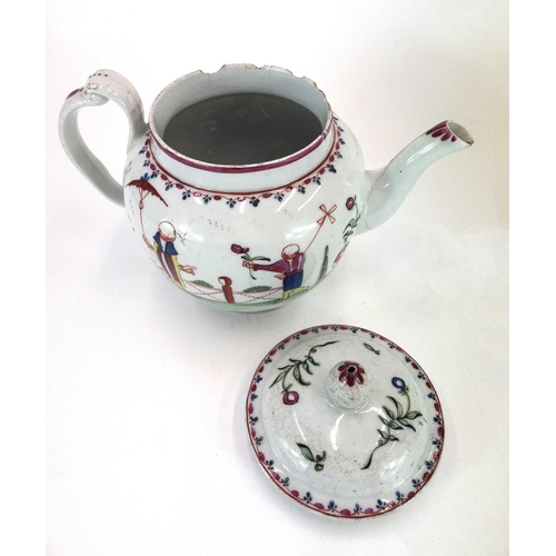 534 - A New Hall hard paste porcelain globular teapot and cover. Polychrome painted with Chinese style fig... 