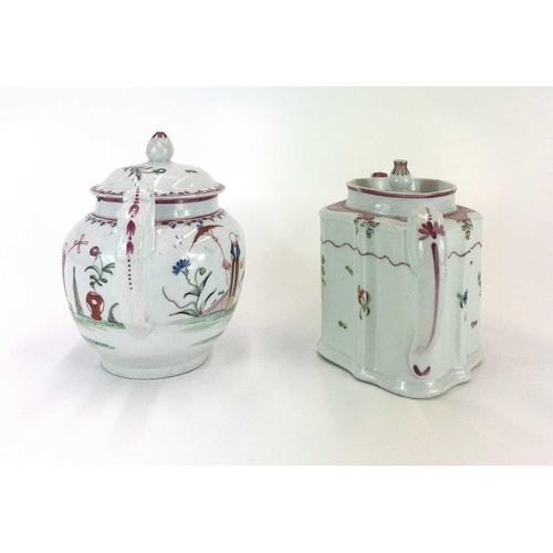 534 - A New Hall hard paste porcelain globular teapot and cover. Polychrome painted with Chinese style fig... 