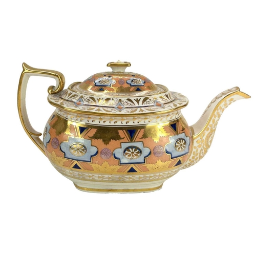 541 - A Ridgway porcelain teapot and cover. Circa 1820, of London shape, the apple green and gilt ground w... 