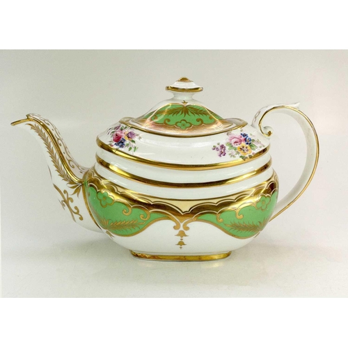 541 - A Ridgway porcelain teapot and cover. Circa 1820, of London shape, the apple green and gilt ground w... 