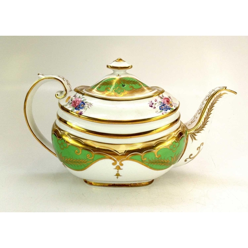 541 - A Ridgway porcelain teapot and cover. Circa 1820, of London shape, the apple green and gilt ground w... 