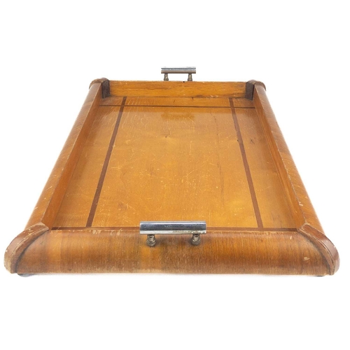 55 - An Art Deco walnut and satinwood tray with chrome twin handles. 50cm x 33cm. Scratches throughout, o... 