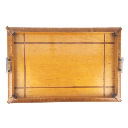 55 - An Art Deco walnut and satinwood tray with chrome twin handles. 50cm x 33cm. Scratches throughout, o... 