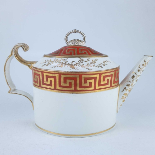 555 - A Coalport Thomas Rose oval porcelain teapot and cover. Circa 1805, decorated in puce and gilt with ... 