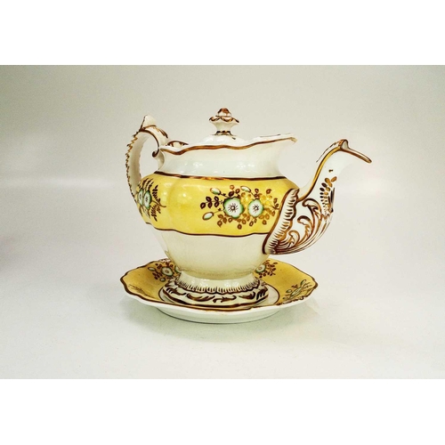 557 - A Derby fluted oval teapot and cover. Circa 1800, with yellow painted border and gilt ornament, heig... 