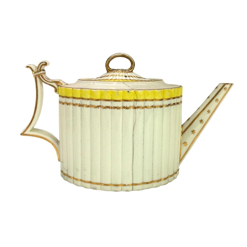 557 - A Derby fluted oval teapot and cover. Circa 1800, with yellow painted border and gilt ornament, heig... 