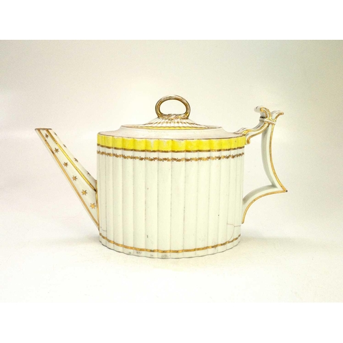 557 - A Derby fluted oval teapot and cover. Circa 1800, with yellow painted border and gilt ornament, heig... 