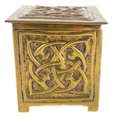 57 - An Arts and Crafts brass trinket box. Perhaps Glasgow, repousse decorated with entwined Celtic style... 