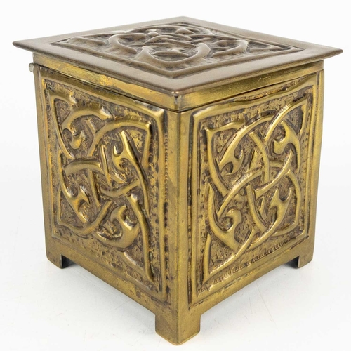 57 - An Arts and Crafts brass trinket box. Perhaps Glasgow, repousse decorated with entwined Celtic style... 