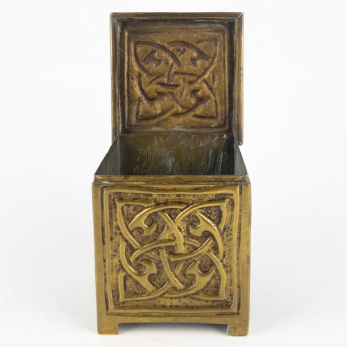 57 - An Arts and Crafts brass trinket box. Perhaps Glasgow, repousse decorated with entwined Celtic style... 