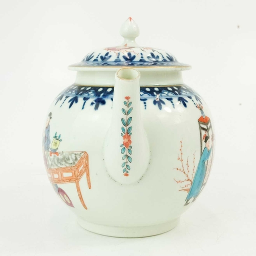 574 - A Worcester globular porcelain teapot and cover. Circa 1780, polychrome painted with a Chinese famil... 