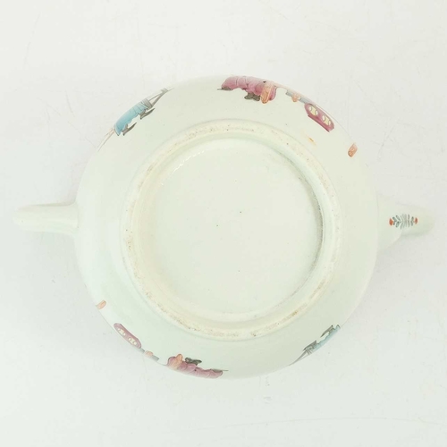 574 - A Worcester globular porcelain teapot and cover. Circa 1780, polychrome painted with a Chinese famil... 