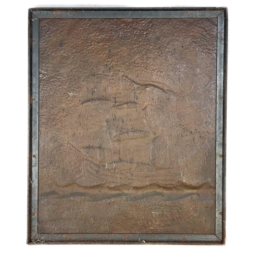 58 - An Arts and Crafts copper panel. Repousse decorated with a two-masted ship, in an iron surround, 63X... 