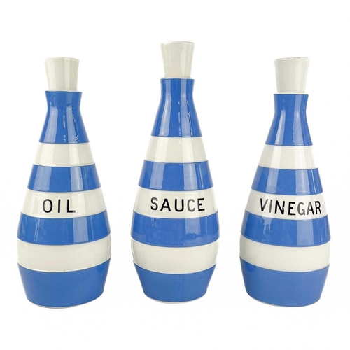 593 - T G Green Cornishware Including vinegar oil sauce bottles and stoppers, rice and lid, salt shaker, f... 