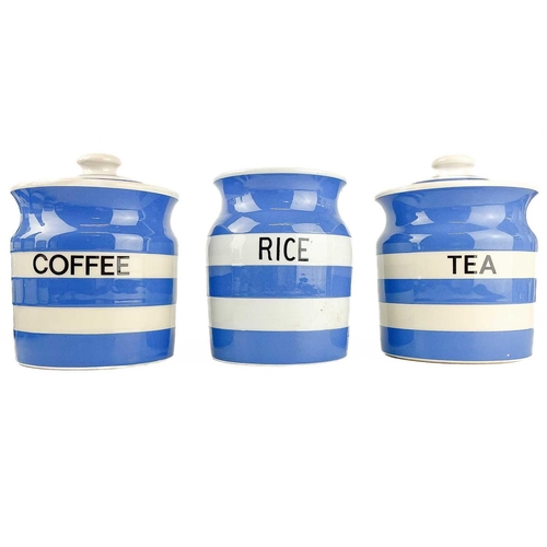 593 - T G Green Cornishware Including vinegar oil sauce bottles and stoppers, rice and lid, salt shaker, f... 