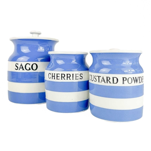 594 - T G Green Cornishware. Including sago with associated lid, custard powder with lid, carbonate of sod... 