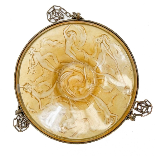 603 - An Art Deco French moulded glass plafonier. Yellow stained and decorated with a band of naked maiden... 