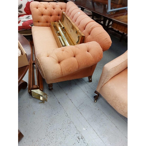 616 - A late Victorian button back drop end settee. Raised on turned oak front legs, height 77cm, width 17... 