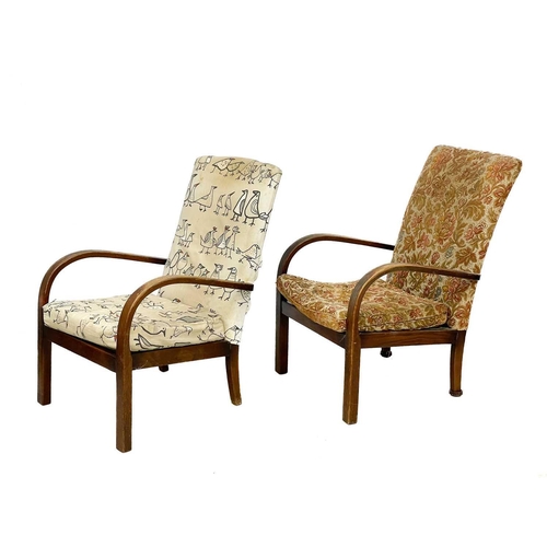 654 - A pair of mid century Parker Knoll armchairs. With swept oak arms, on square front legs, height 90cm... 