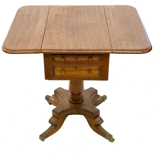 670 - A Regency mahogany drop leaf work table. Fitted with three drawers, on a turned pillar and quatrefor... 