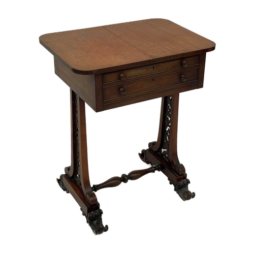 674 - A 19th century mahogany work table. With slide leaf top revealling storage above three dummy and sin... 