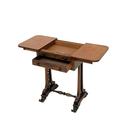 674 - A 19th century mahogany work table. With slide leaf top revealling storage above three dummy and sin... 