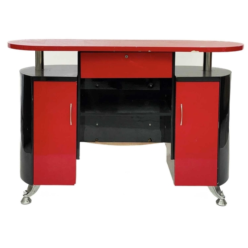 689 - A Dir Janus black and red laminated Barbers or shop cabinet. 1980s, fitted with a drawer and two cup... 