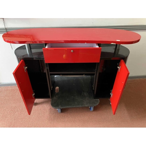 689 - A Dir Janus black and red laminated Barbers or shop cabinet. 1980s, fitted with a drawer and two cup... 