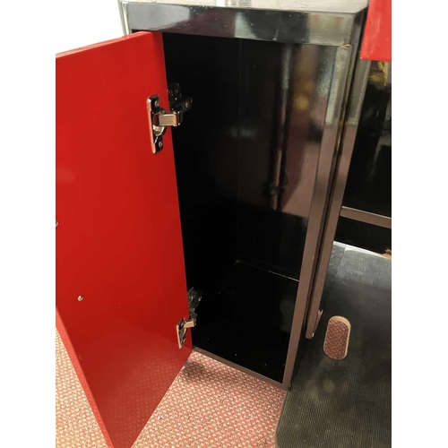 689 - A Dir Janus black and red laminated Barbers or shop cabinet. 1980s, fitted with a drawer and two cup... 