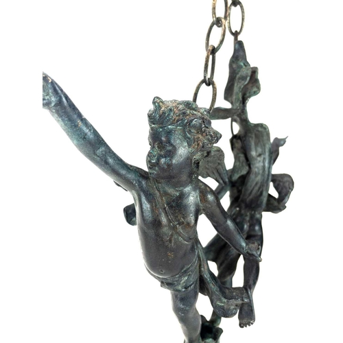 69 - A 19th century bronze hanging figure group of putti. Modelled as two putti with outstretched arms st... 