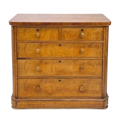 706 - A Victorian satin birch chest. Fitted two short and three long drawers, the lower drawer incorporati... 