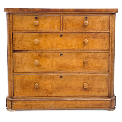 706 - A Victorian satin birch chest. Fitted two short and three long drawers, the lower drawer incorporati... 