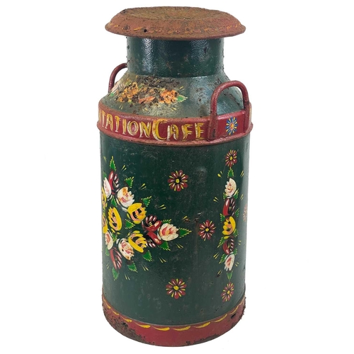 73 - A barge ware painted milk churn. Decorated in typical style with flower sprays on green ground and r... 