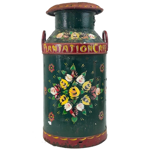 73 - A barge ware painted milk churn. Decorated in typical style with flower sprays on green ground and r... 