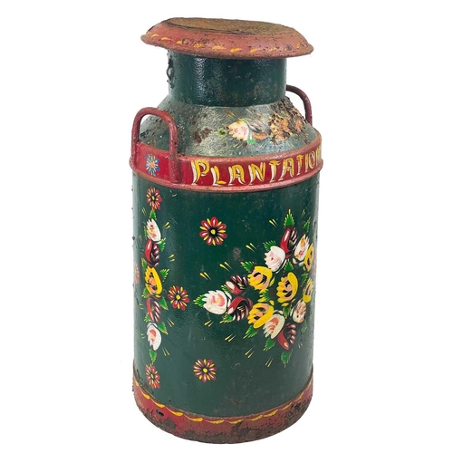 73 - A barge ware painted milk churn. Decorated in typical style with flower sprays on green ground and r... 