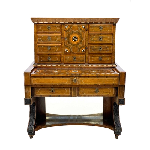 746 - An Italian walnut, rosewood, bone, and ebony inlaid cabinet. 18th century and later, the upper part ... 