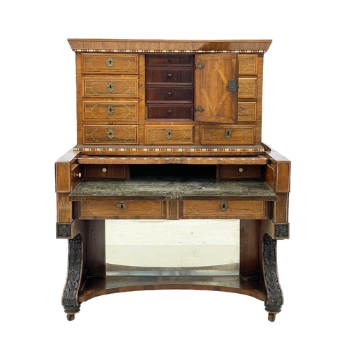 746 - An Italian walnut, rosewood, bone, and ebony inlaid cabinet. 18th century and later, the upper part ... 