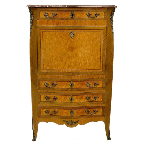 751 - A French Napoleon III Kingwood secretaire a abatant. With a rouge marble top, serpentine front with ... 