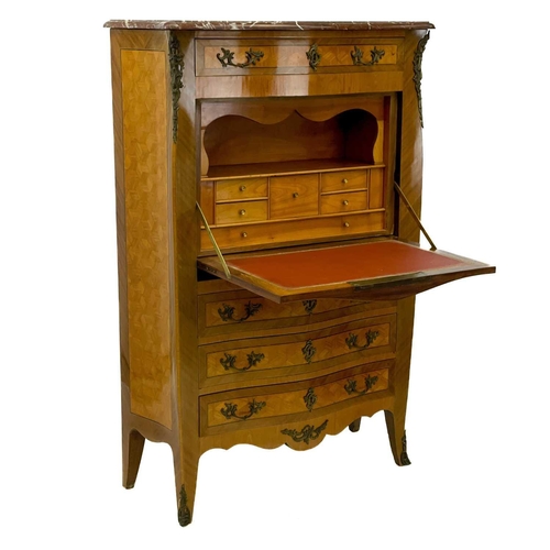 751 - A French Napoleon III Kingwood secretaire a abatant. With a rouge marble top, serpentine front with ... 