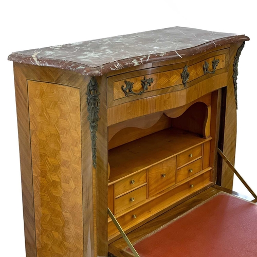 751 - A French Napoleon III Kingwood secretaire a abatant. With a rouge marble top, serpentine front with ... 