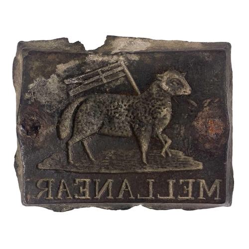 8 - A 19th century bronze hot mark for MELLANEAR mine. With lamb and flag decoration 10cm x 12.5cm.