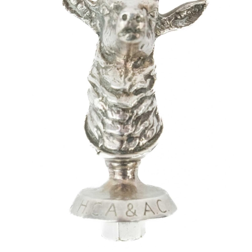 80 - A chrome plated stag car mascot. The circular base stamped HCA & AC, height 15cm.