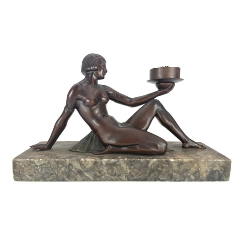 9 - An Art Deco cast spelter figural table lamp. Modelled as a seated female on a marble plinth base, he... 