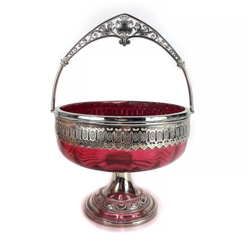 91 - A German WMF cranberry glass fruit bowl. Height 29cm, together with a E.P.B.M 'Ladies Friend' pin bo... 