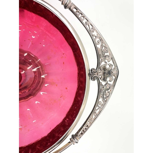 91 - A German WMF cranberry glass fruit bowl. Height 29cm, together with a E.P.B.M 'Ladies Friend' pin bo... 