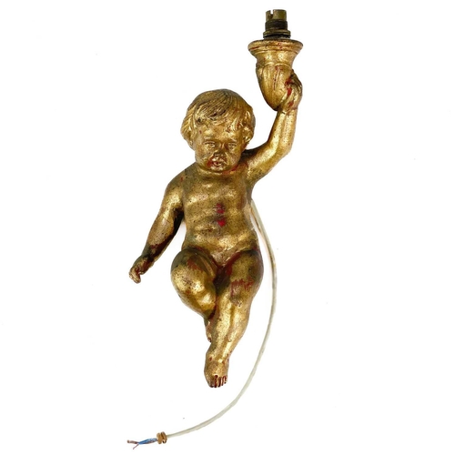 92 - A gilt plaster putti hanging wall light, Height 31cm together with two art glass vases one inscribed... 