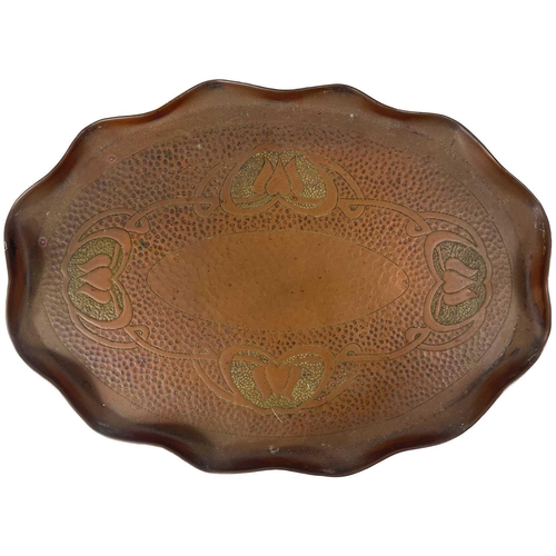 94 - A J & F Pool Ltd copper oval tray repousse decorated with foliate rim. Catalogue No. 6522, 36cm x 24... 